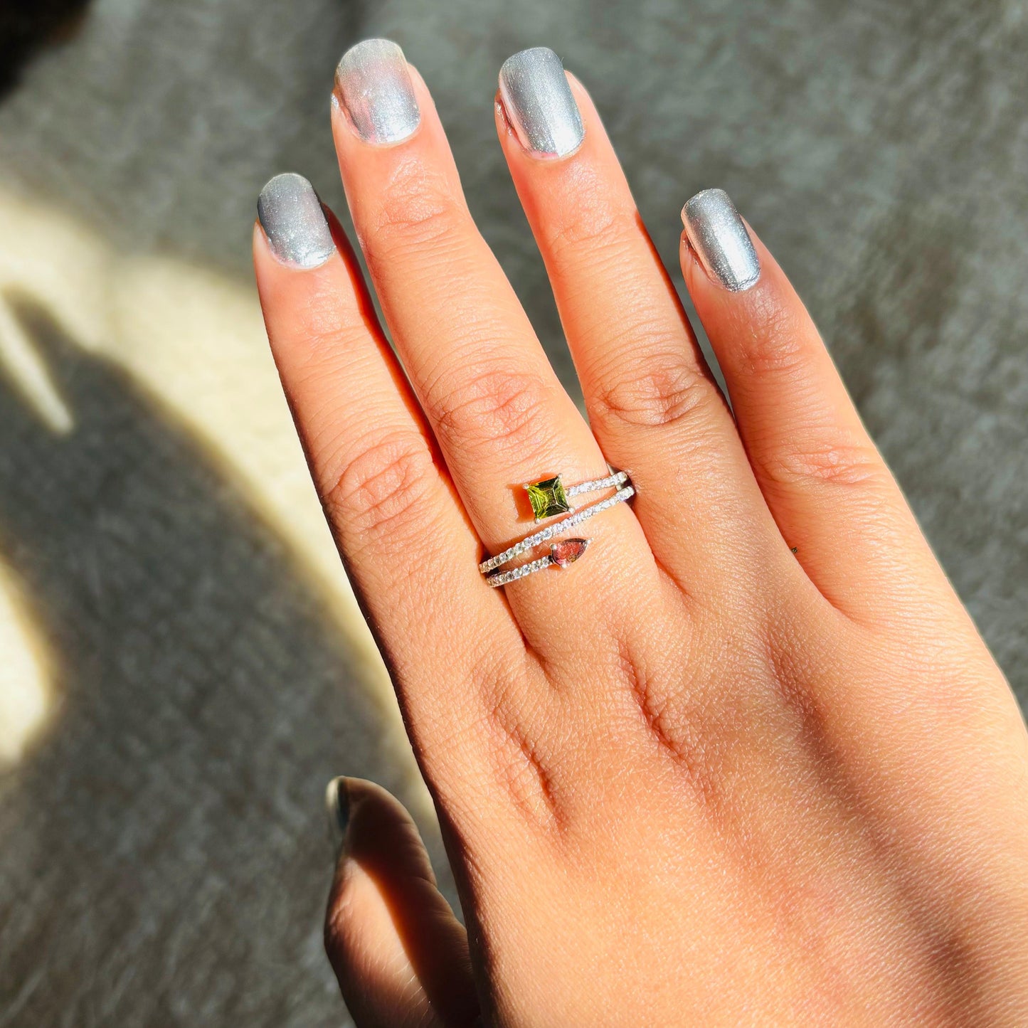 925 Pure Silver Natural Pink and Green Tourmaline Open Band Ring