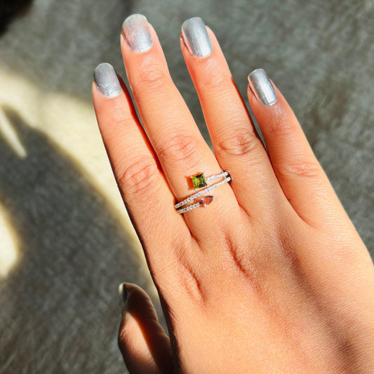 Natural Pink and Green Tourmaline 925 Pure Silver Open Band Ring (Certified)