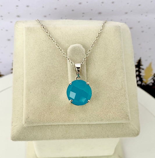 Natural Aqua Chalcedony 925 Pure Silver Pendant Necklace