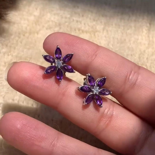 925 Pure Silver Natural Amethyst Flower Stud Earrings