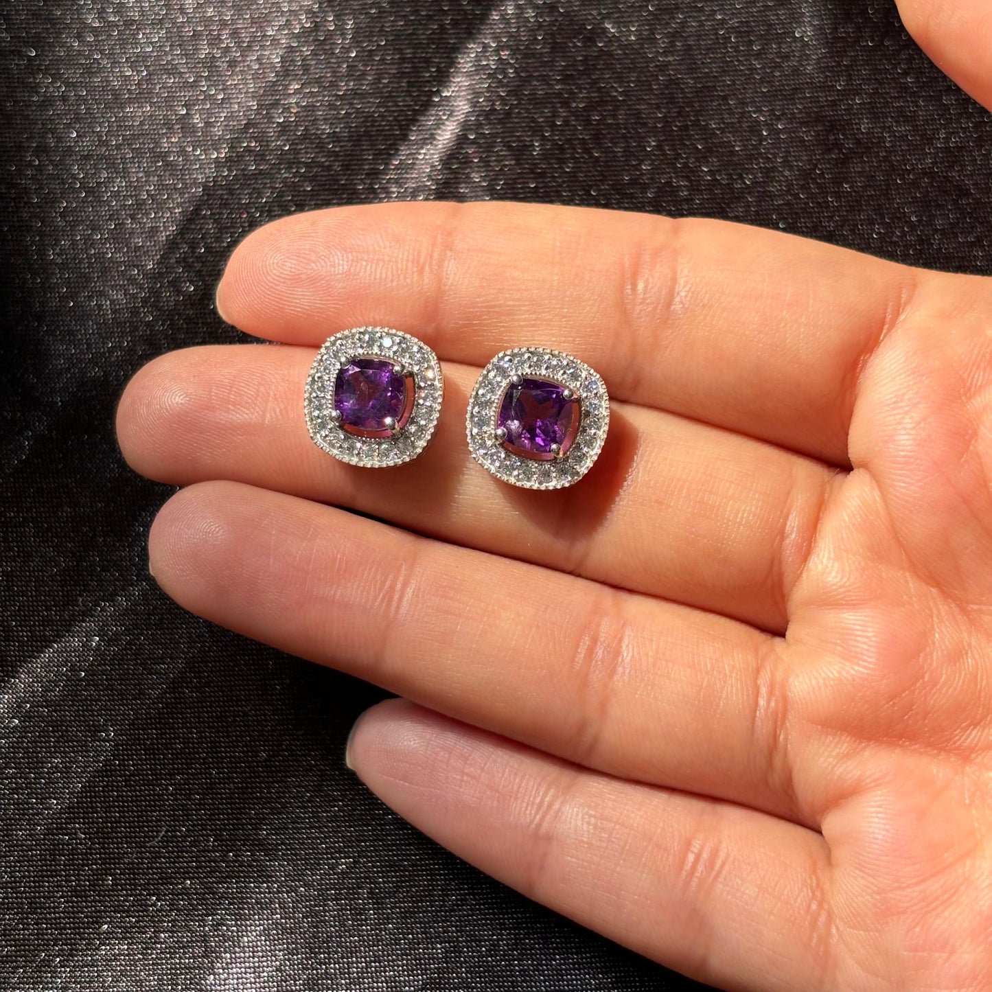 925 Pure Silver Natural Amethyst Halo Stud Earrings