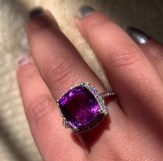 925 Pure Silver Natural Amethyst Halo Ring