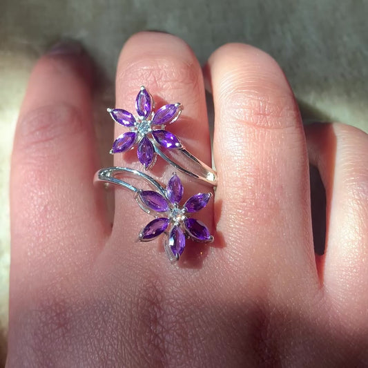 Natural Amethyst 925 Pure Silver Floral Ring (Certified)