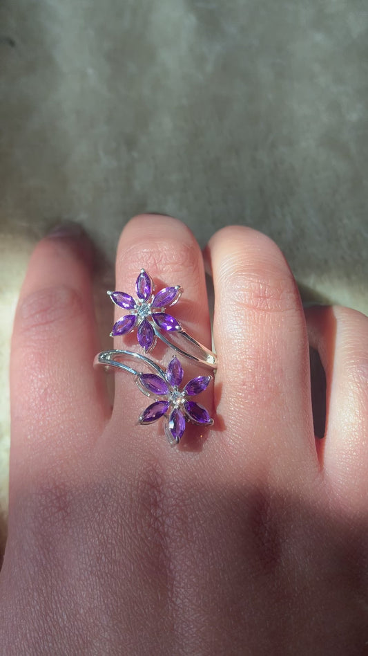 925 Pure Silver Natural Amethyst Floral Ring