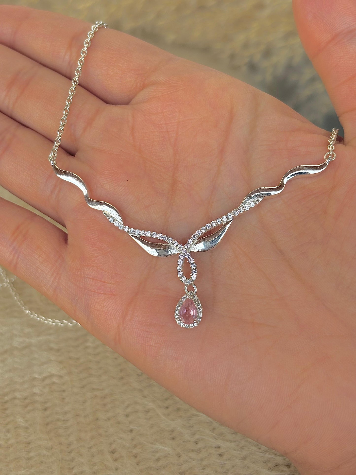 925 Pure Silver Natural Pink Tourmaline Necklace