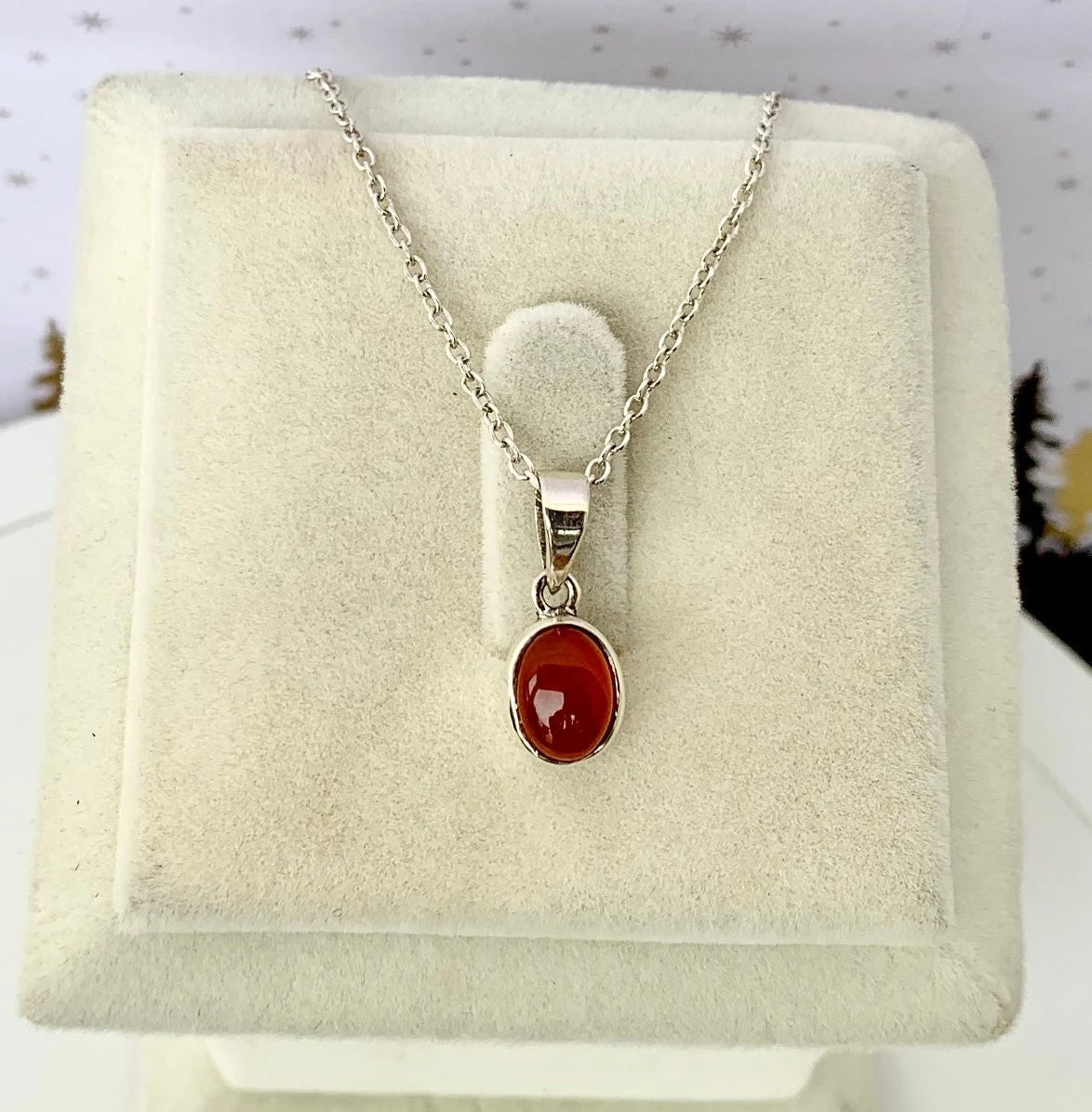 Carnelian Cabochon Natural Red Oval 925 Pure Silver Pendant Necklace