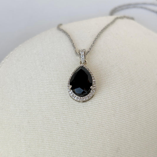 925 Pure Silver Pear Cut Natural Black Onyx Pendant Necklace
