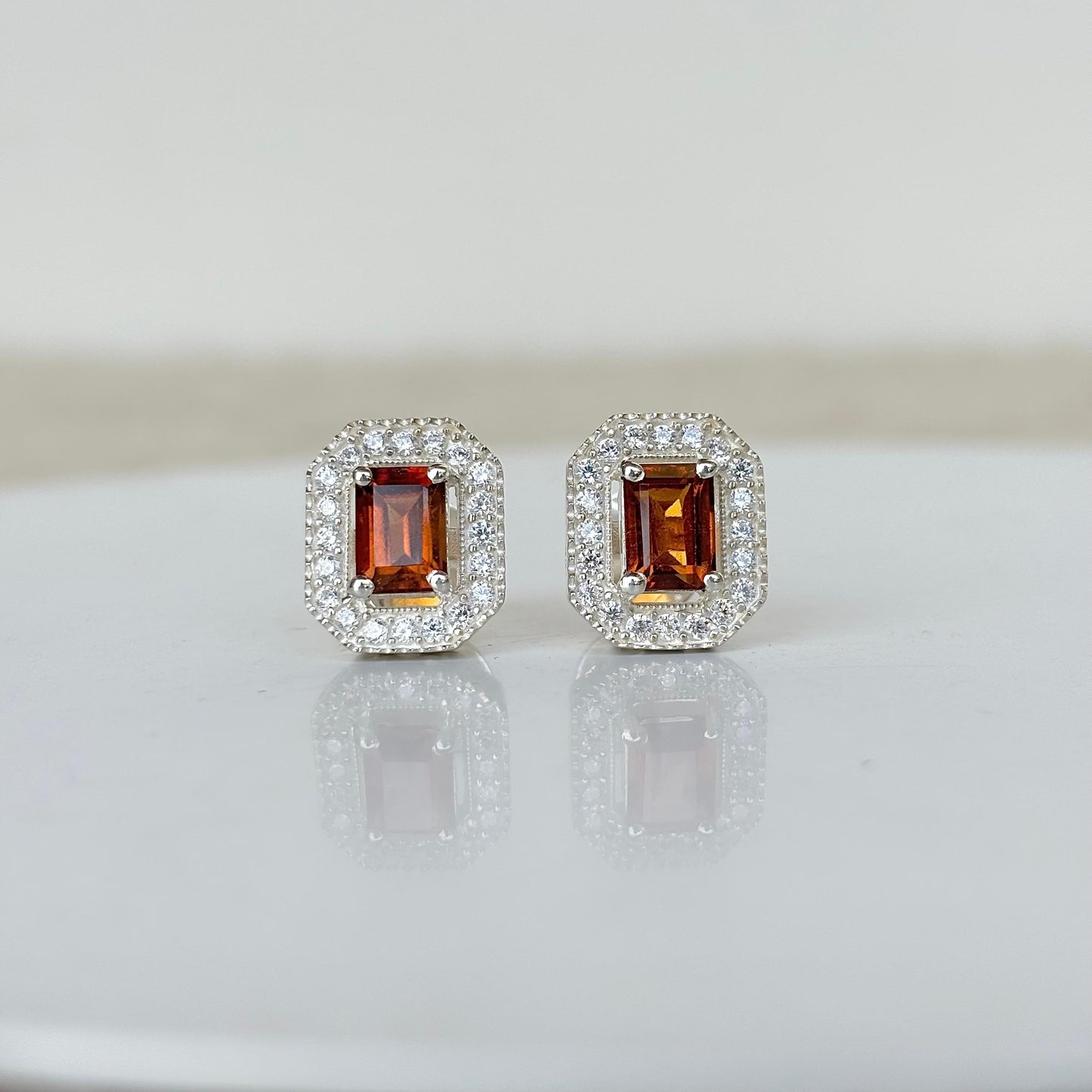 Natural hessonite garnet halo stud earrings in 925 sterling silver – Gomed gemstone jewelry