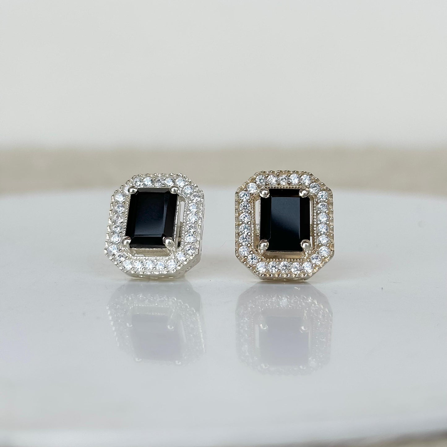 925 Pure Silver Natural Emerald-Cut Black Onyx Halo Stud Earrings