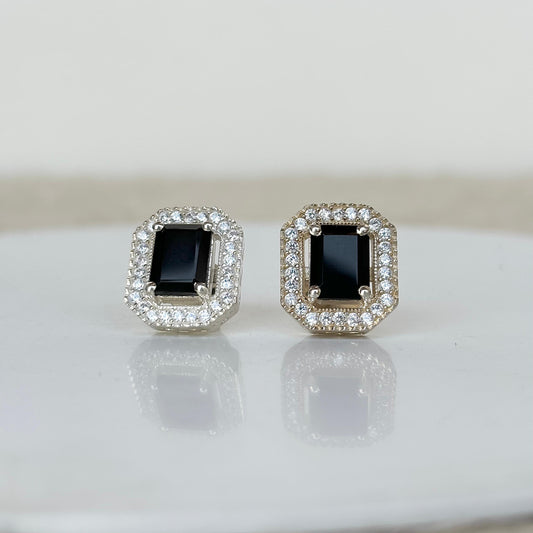 925 Pure Silver Natural Emerald-Cut Black Onyx Halo Stud Earrings