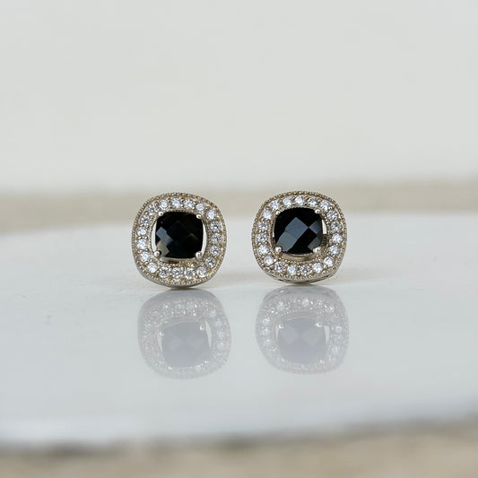 Natural black onyx halo stud earrings in 925 sterling silver – bold gemstone jewelry for everyday elegance