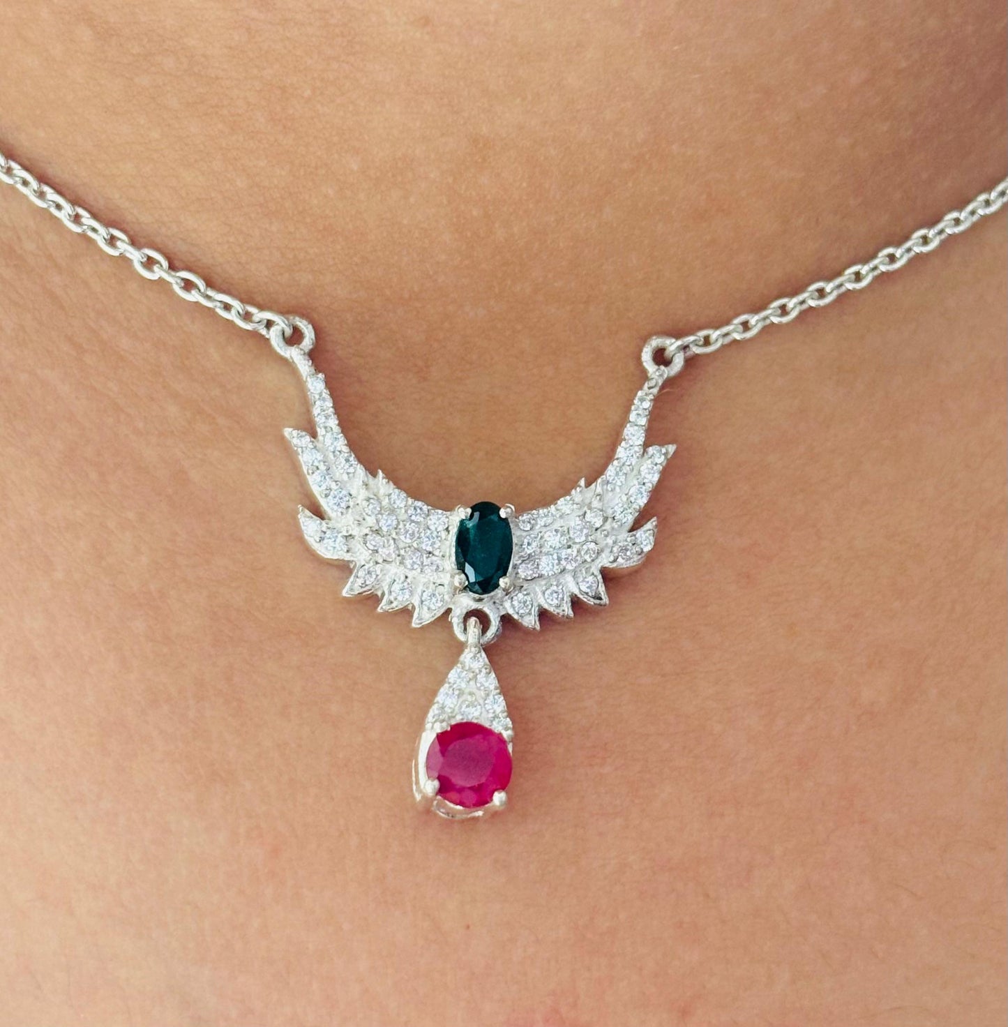 925 Pure Silver Natural Emerald Ruby Necklace
